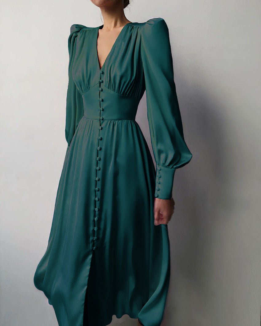 Women’s V-Neck Long Sleeve A-Line Midi Dress