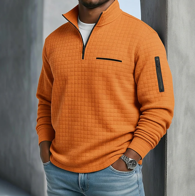 Men's Grid-Textured Quarter-Zip Pullover with Sleeve Detail