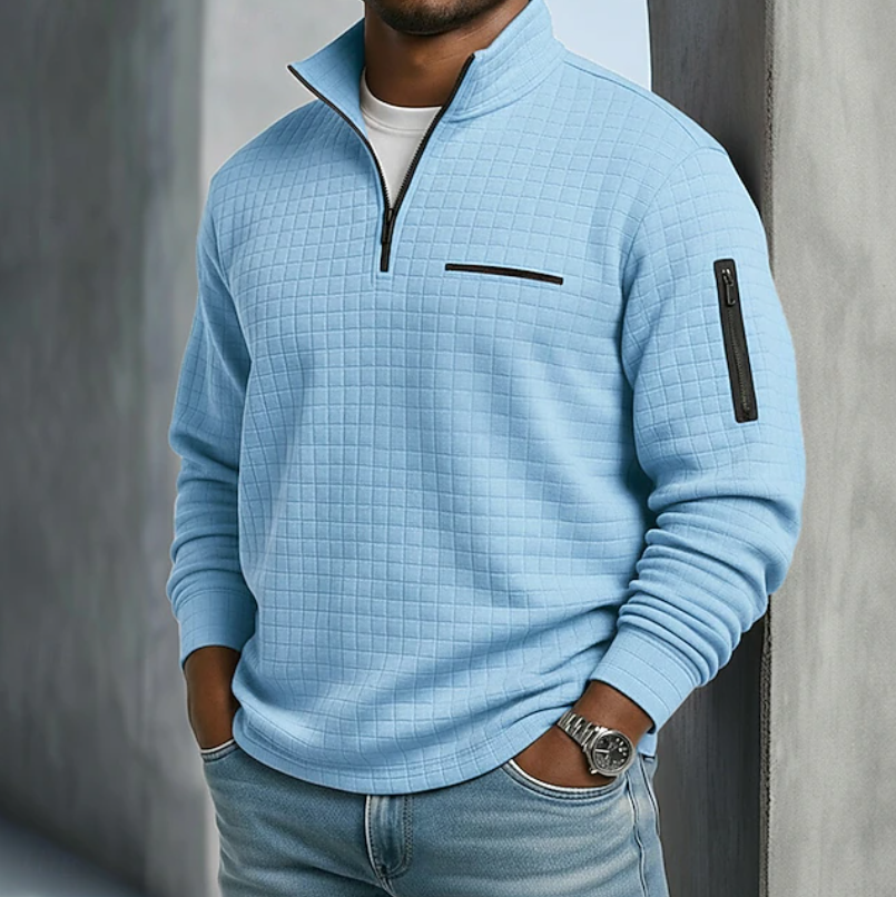 Men's Grid-Textured Quarter-Zip Pullover with Sleeve Detail