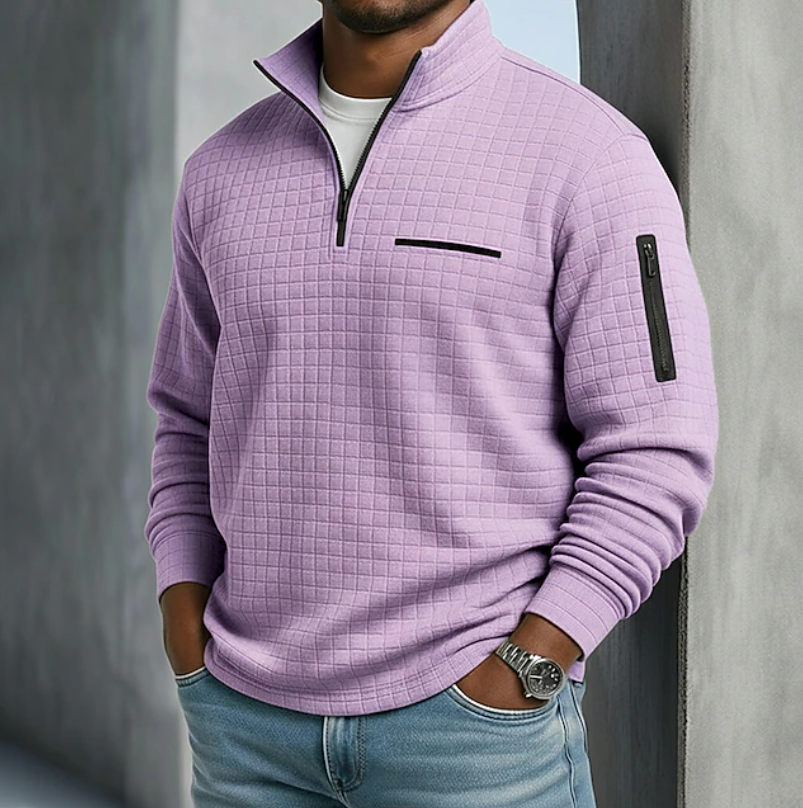 Men's Grid-Textured Quarter-Zip Pullover with Sleeve Detail