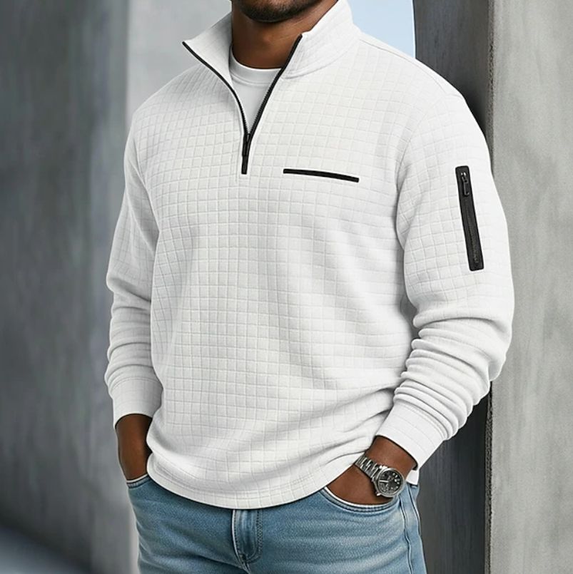 Men's Grid-Textured Quarter-Zip Pullover with Sleeve Detail