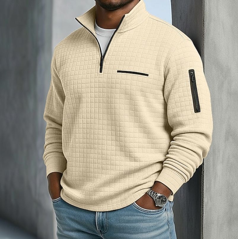 Men's Grid-Textured Quarter-Zip Pullover with Sleeve Detail