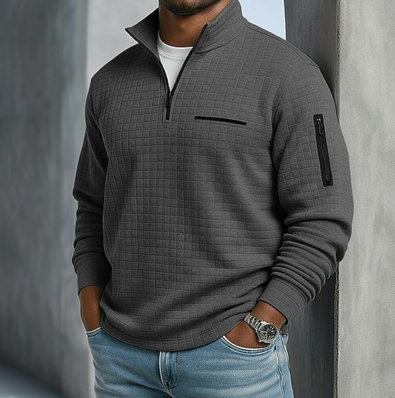 Men's Grid-Textured Quarter-Zip Pullover with Sleeve Detail