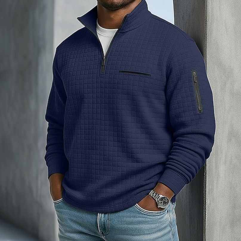 Men's Grid-Textured Quarter-Zip Pullover with Sleeve Detail