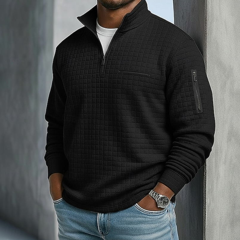 Men's Grid-Textured Quarter-Zip Pullover with Sleeve Detail