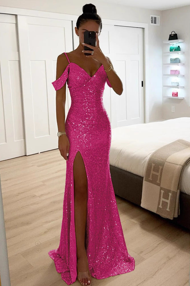 Women's Sequin Evening Gown With Thigh-High Slit