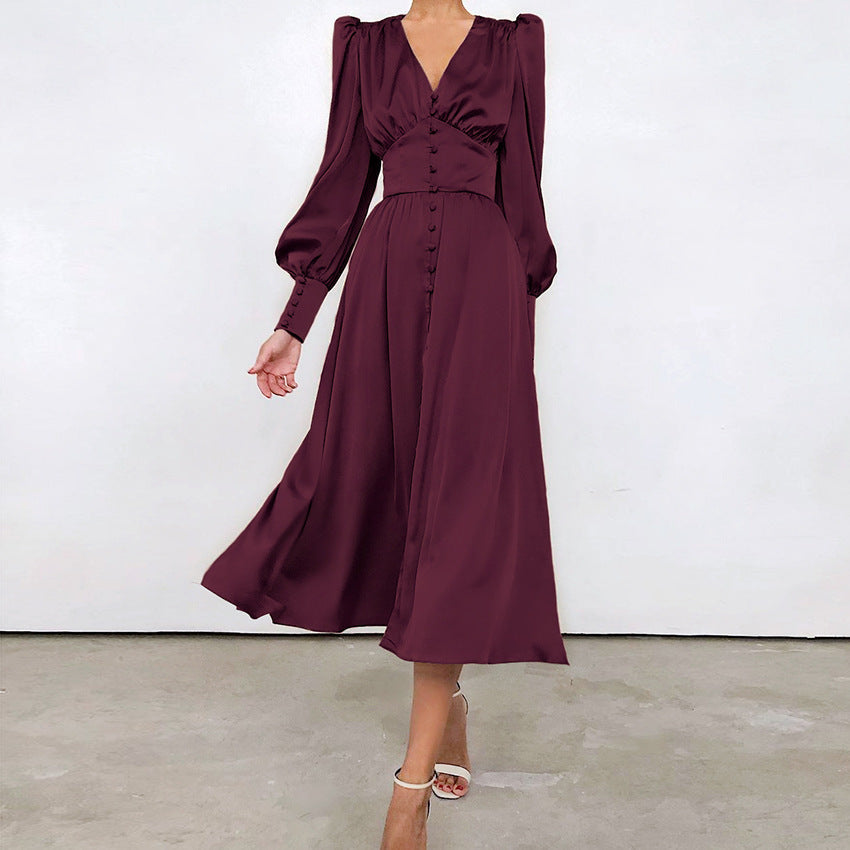 Women’s V-Neck Long Sleeve A-Line Midi Dress
