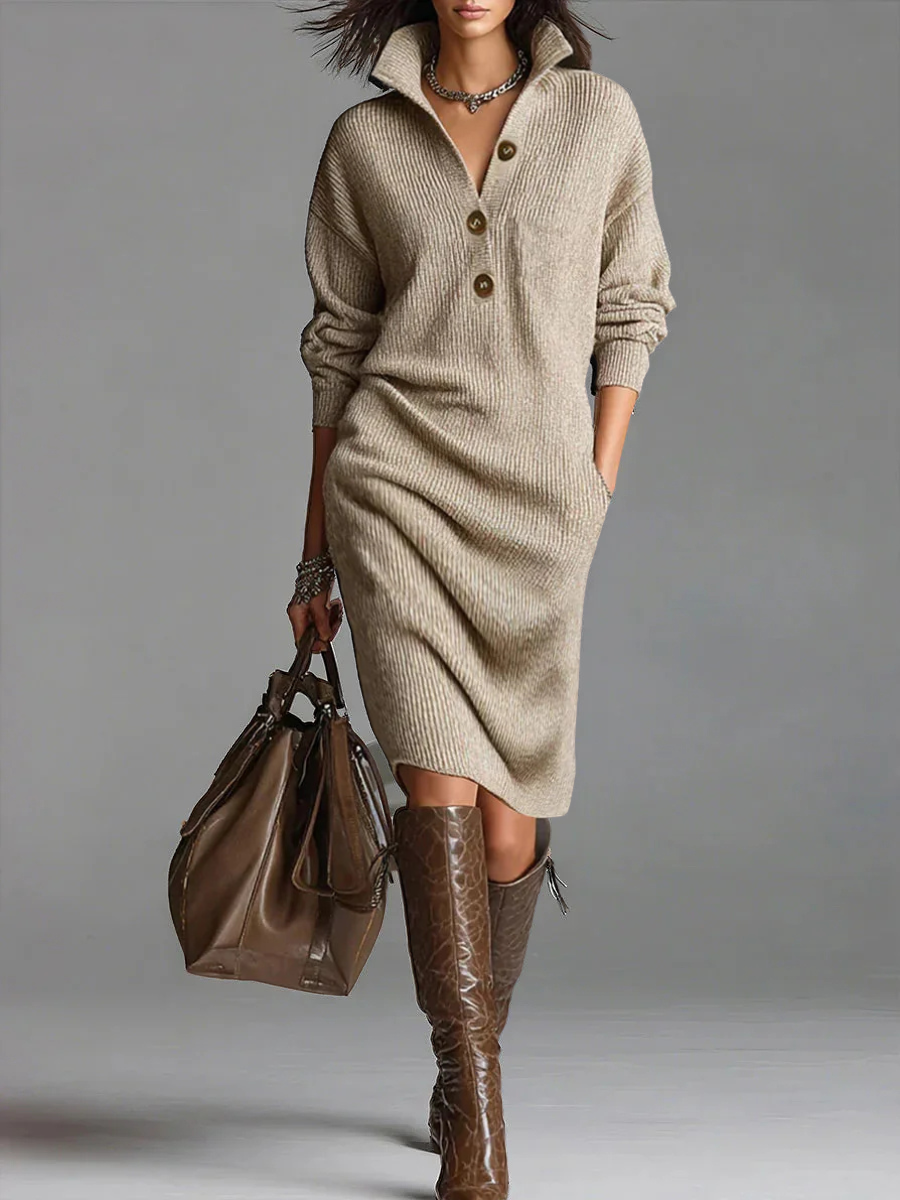 Women's Ribbed Polo Collar Long Sleeve Sweater Dress