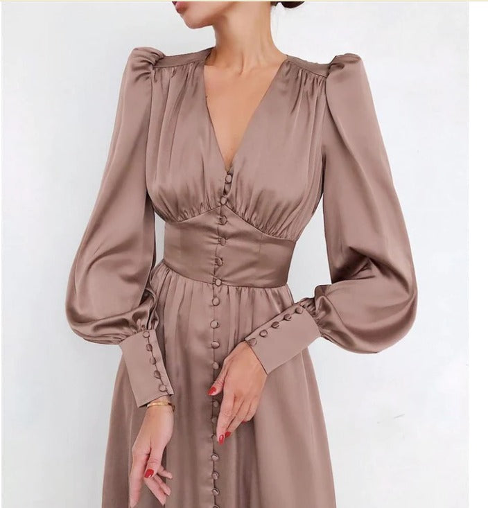 Women’s V-Neck Long Sleeve A-Line Midi Dress