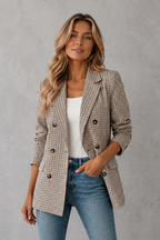 Women's Plaid Double-Breasted Blazer with Notched Lapels
