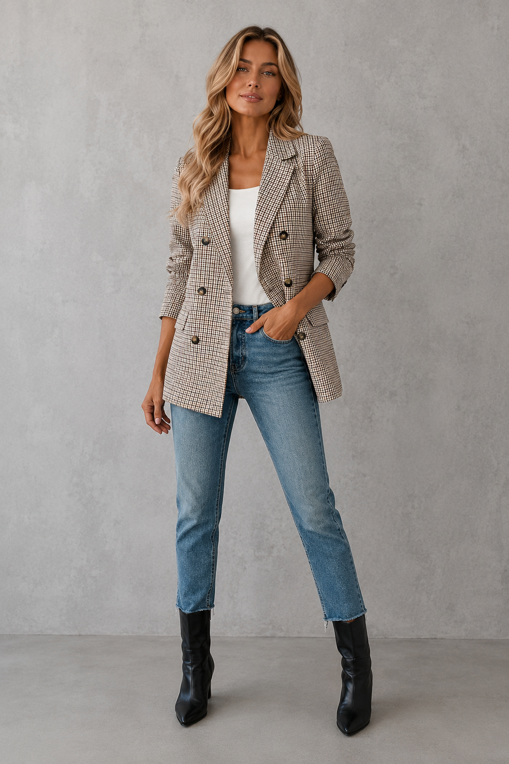 Women's Plaid Double-Breasted Blazer with Notched Lapels