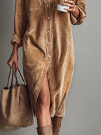 Women's Corduroy-Look Button Front Midi Shirt Dress