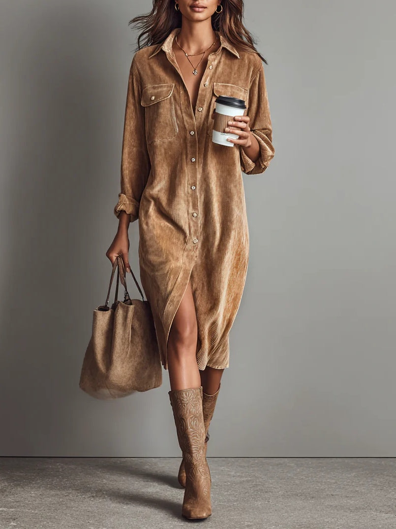 Women's Corduroy-Look Button Front Midi Shirt Dress