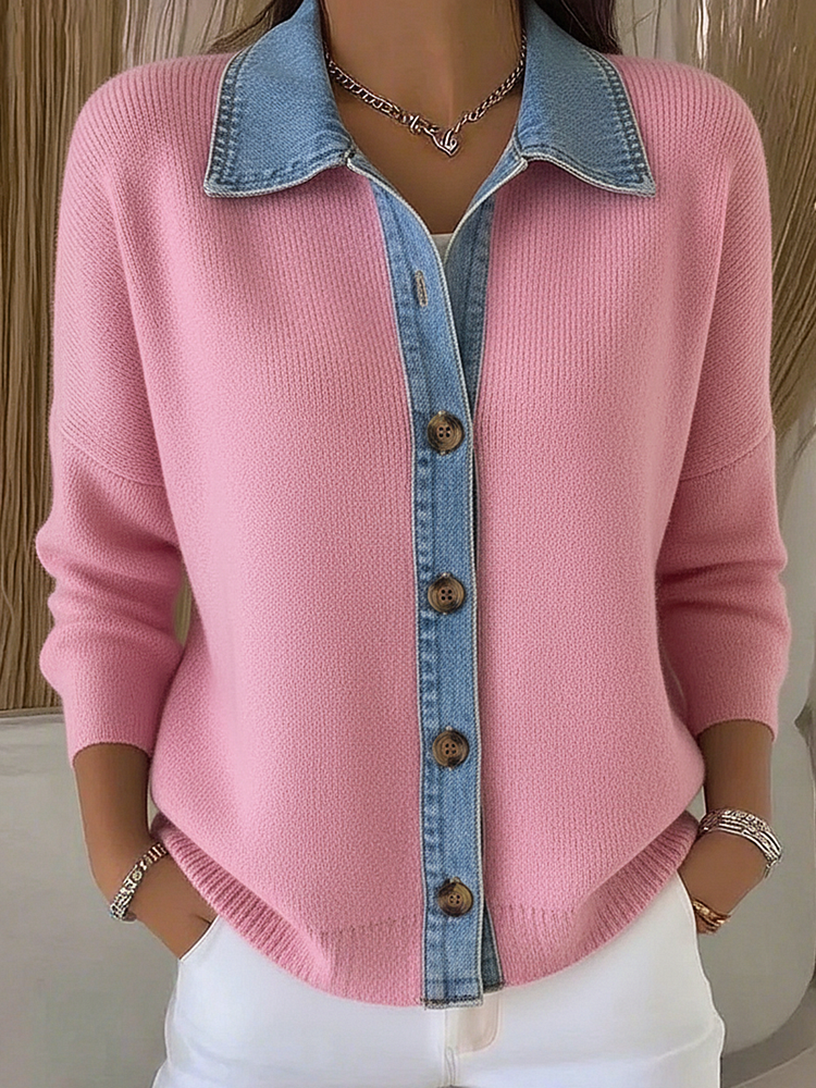 Women’s Knit Cardigan with Denim-Style Collar