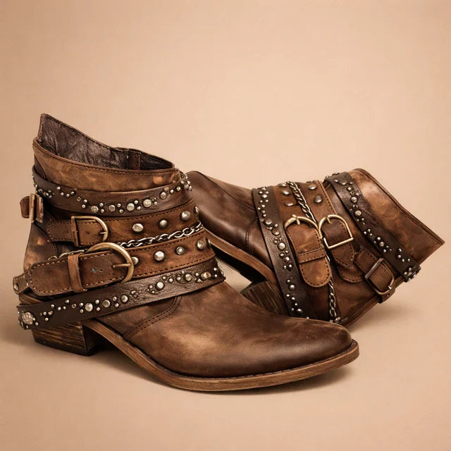 Women's Studded Buckle Strap Western Ankle Boots