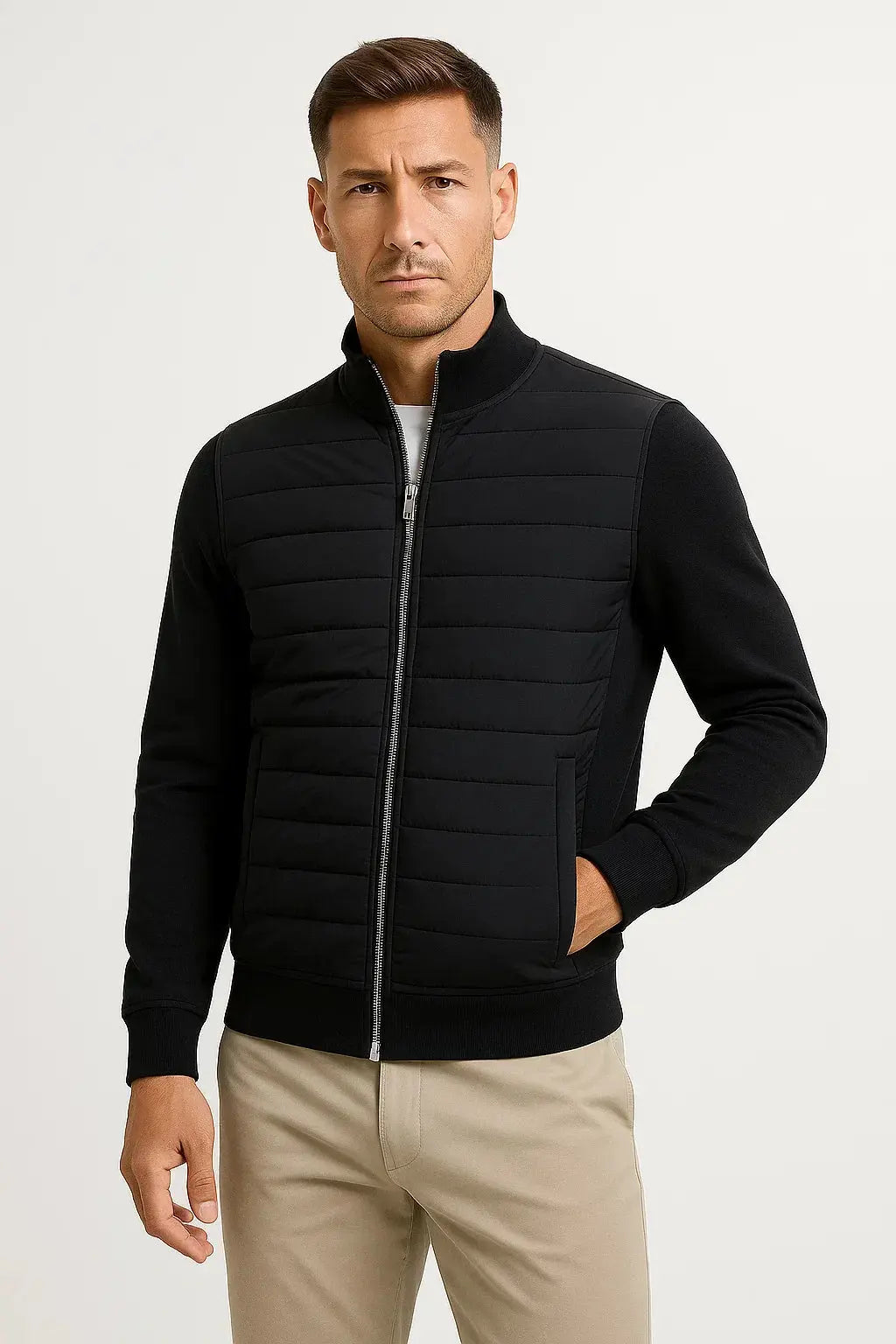 Men's Quilted Zip-Up Jacket with Stand Collar