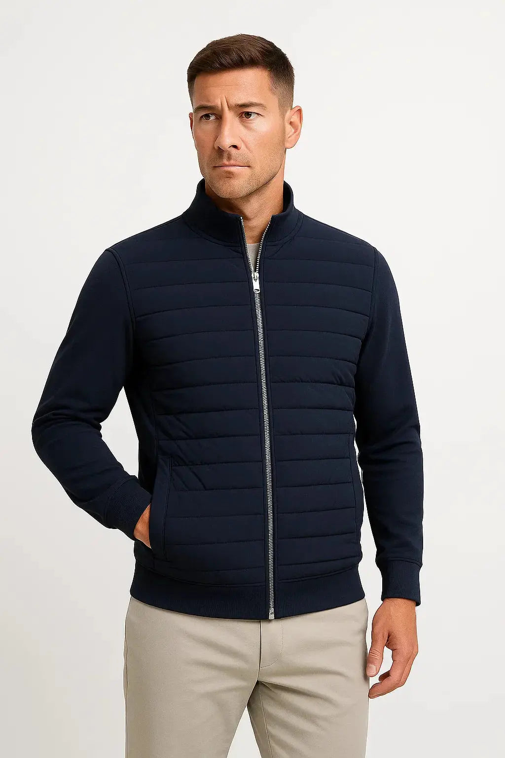 Men's Quilted Zip-Up Jacket with Stand Collar