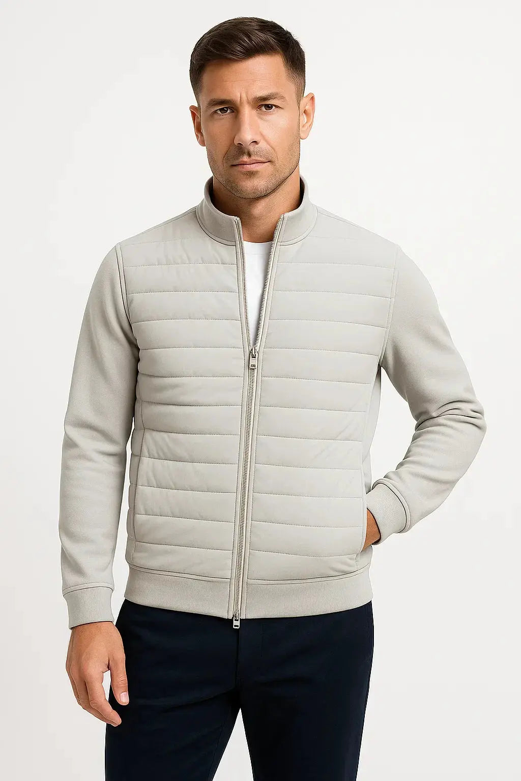 Men's Quilted Zip-Up Jacket with Stand Collar