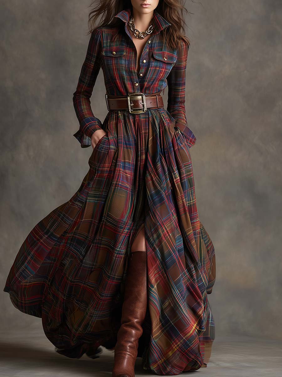 Women’s Plaid Maxi Shirt Dress with Belt