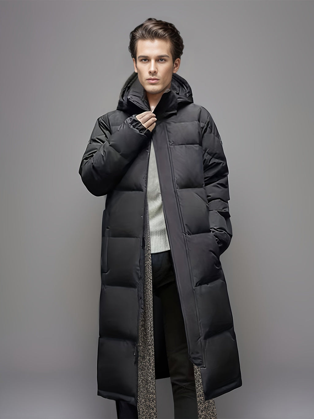 Men's Long Hooded Quilted Puffer Winter Coat