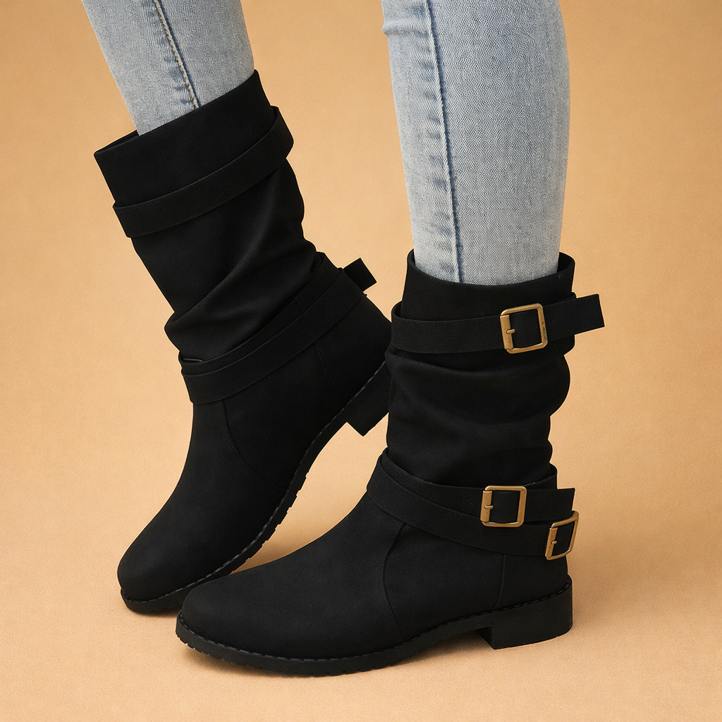 Women's Slouchy Mid-Calf Boots with Buckle Straps