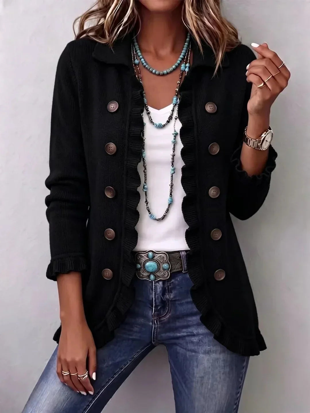 Women's Floral Embroidered Jacket with Ruffle Trim