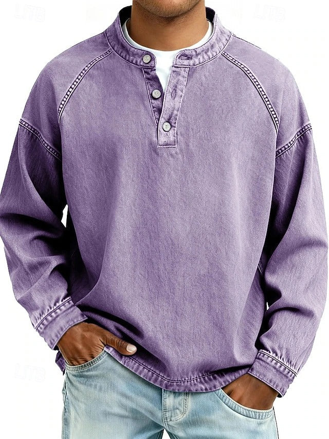 Men's Casual Henley Pullover with Contrast Stitching