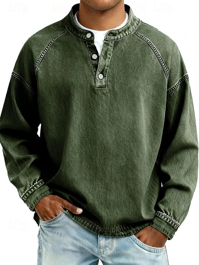 Men's Casual Henley Pullover with Contrast Stitching