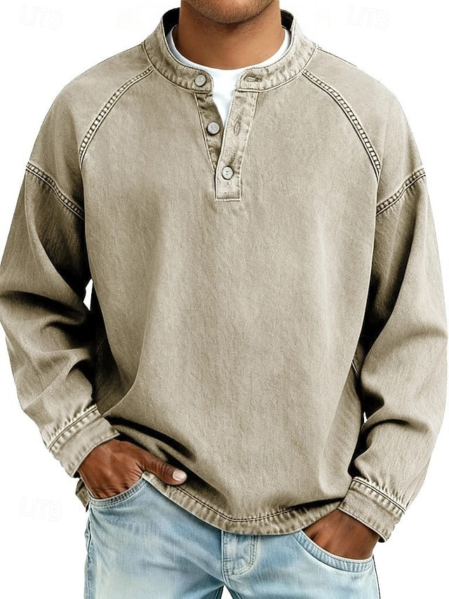 Men's Casual Henley Pullover with Contrast Stitching