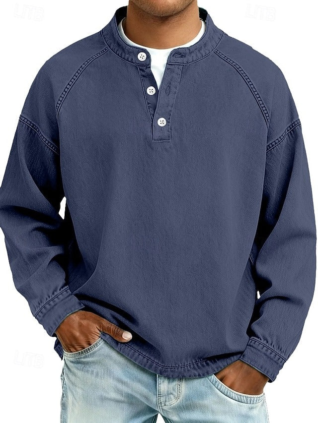 Men's Casual Henley Pullover with Contrast Stitching