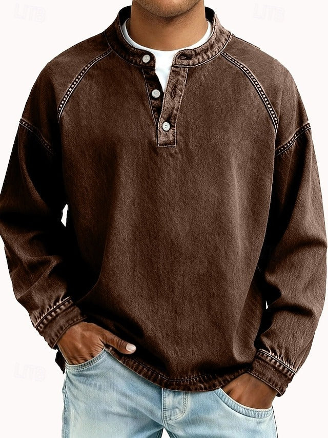 Men's Casual Henley Pullover with Contrast Stitching