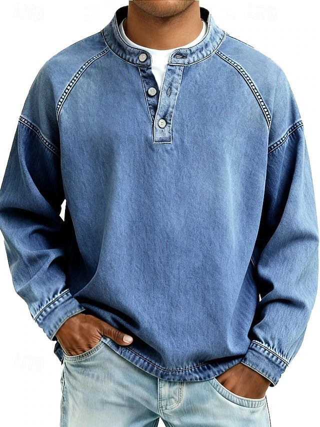 Men's Casual Henley Pullover with Contrast Stitching