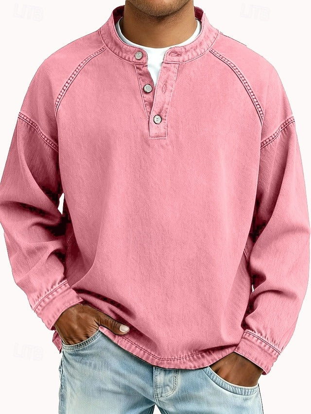 Men's Casual Henley Pullover with Contrast Stitching