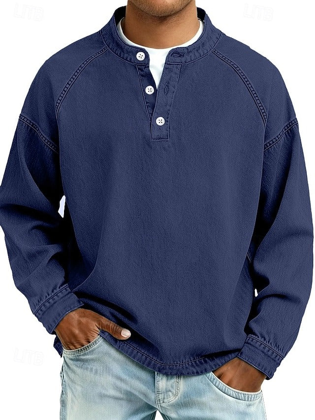 Men's Casual Henley Pullover with Contrast Stitching