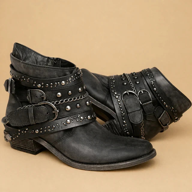 Women's Studded Buckle Strap Western Ankle Boots