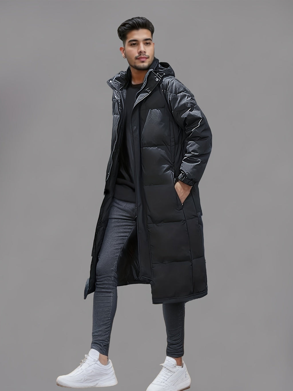 Men's Long Hooded Quilted Puffer Winter Coat
