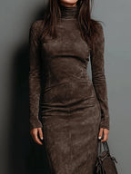 Women's High Neck Suede-Look Fitted Midi Dress