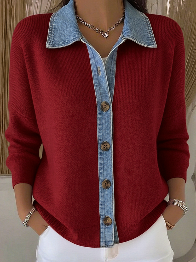 Women’s Knit Cardigan with Denim-Style Collar