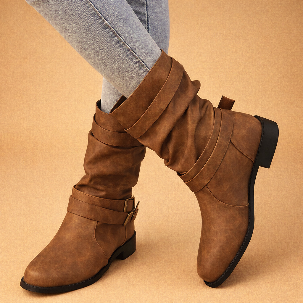 Women's Slouchy Mid-Calf Boots with Buckle Straps