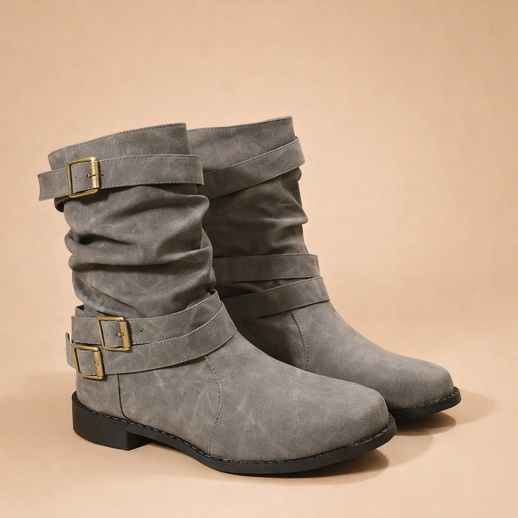 Women's Slouchy Mid-Calf Boots with Buckle Straps