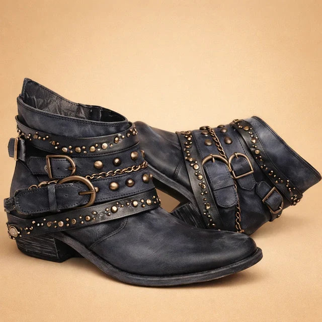 Women's Studded Buckle Strap Western Ankle Boots
