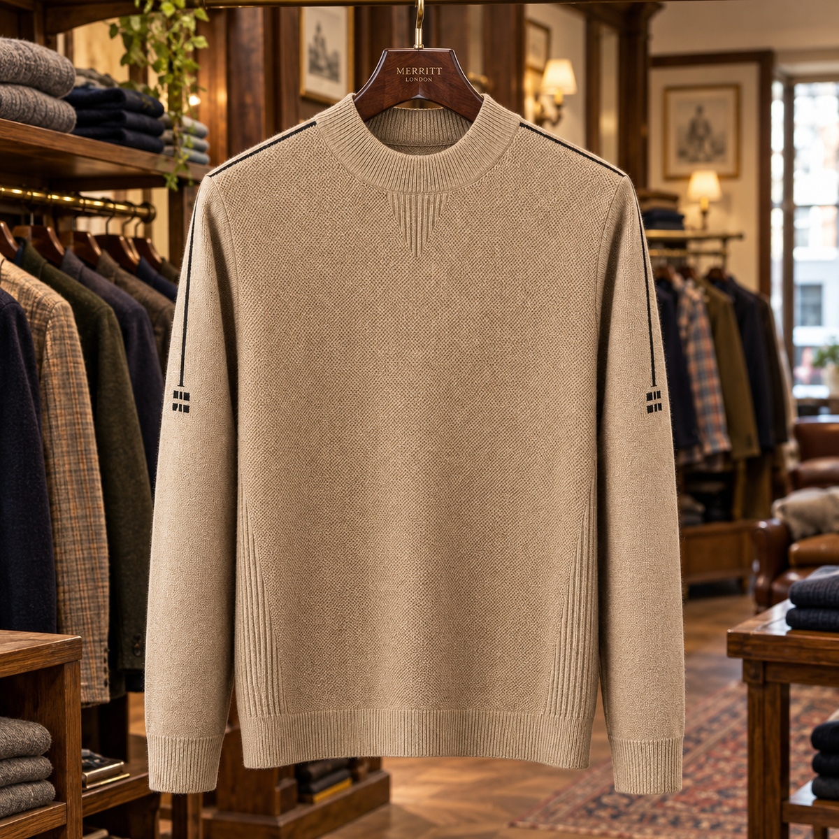 Men's Crew Neck Knit Sweater with Shoulder Detail