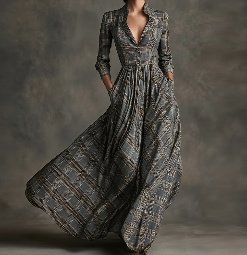Women's Plaid Button-Front Long Sleeve Maxi Dress