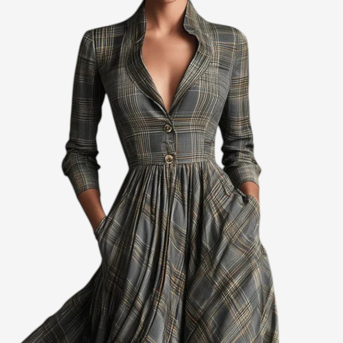 Women's Plaid Button-Front Long Sleeve Maxi Dress