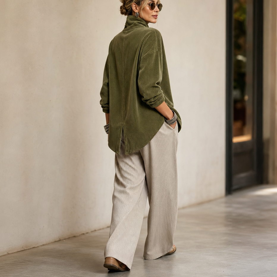Women's Corduroy Top with Asymmetric Button Front