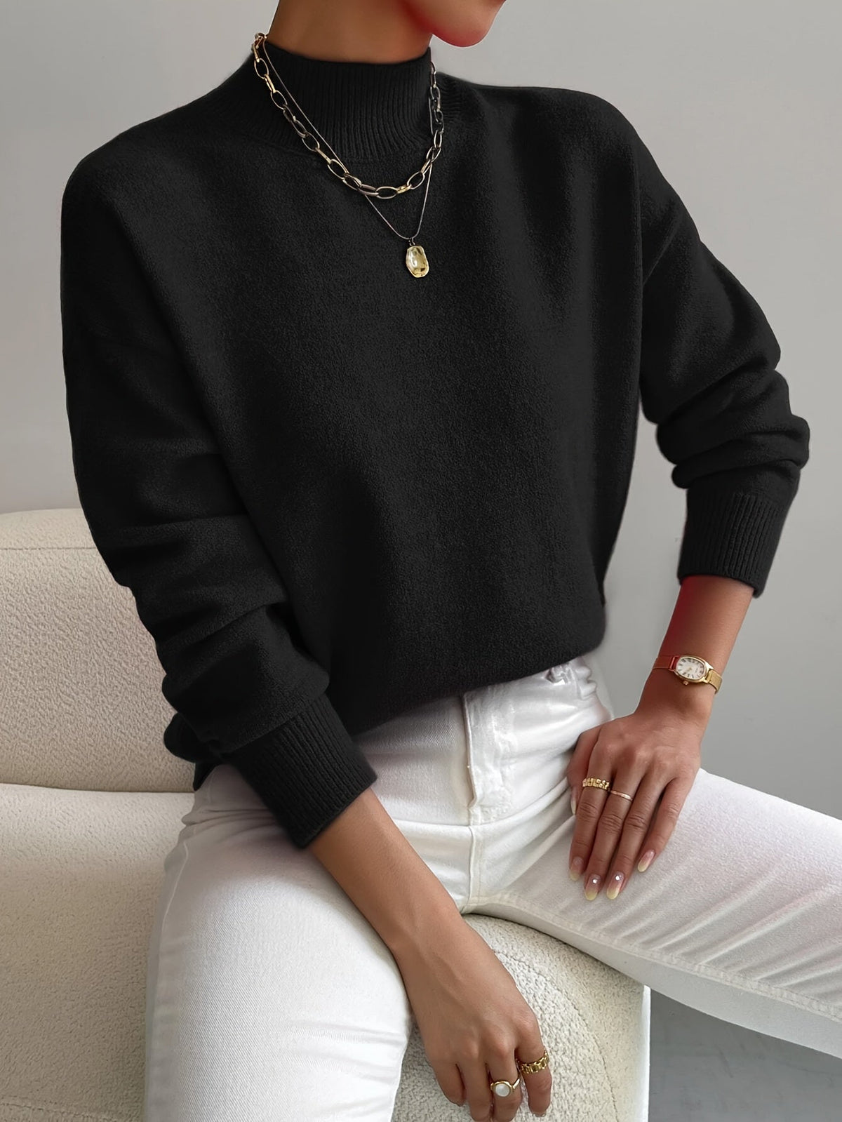 Women's Ribbed Mock Neck Sweater With Relaxed Fit