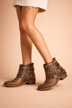 Women's Studded Buckle Strap Western Ankle Boots