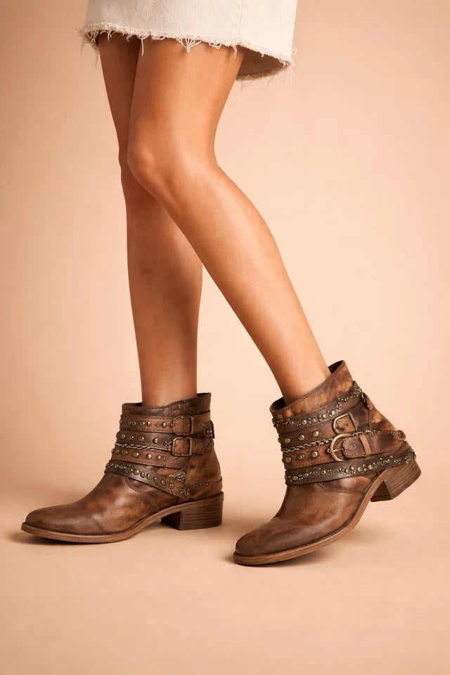 Women's Studded Buckle Strap Western Ankle Boots