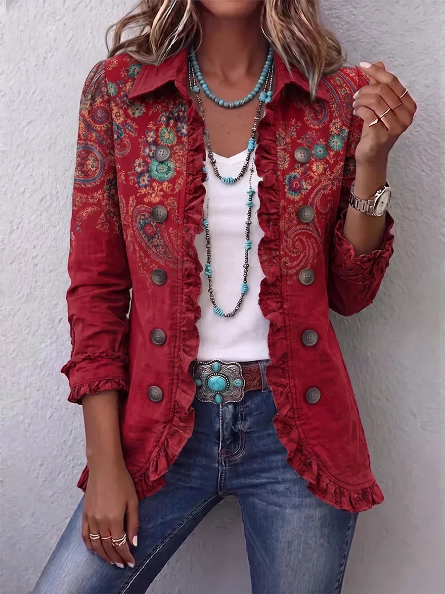Women's Floral Embroidered Jacket with Ruffle Trim