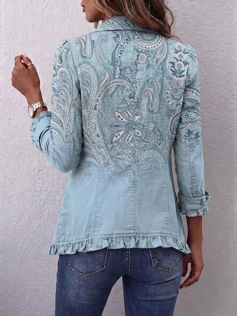 Women's Floral Embroidered Jacket with Ruffle Trim